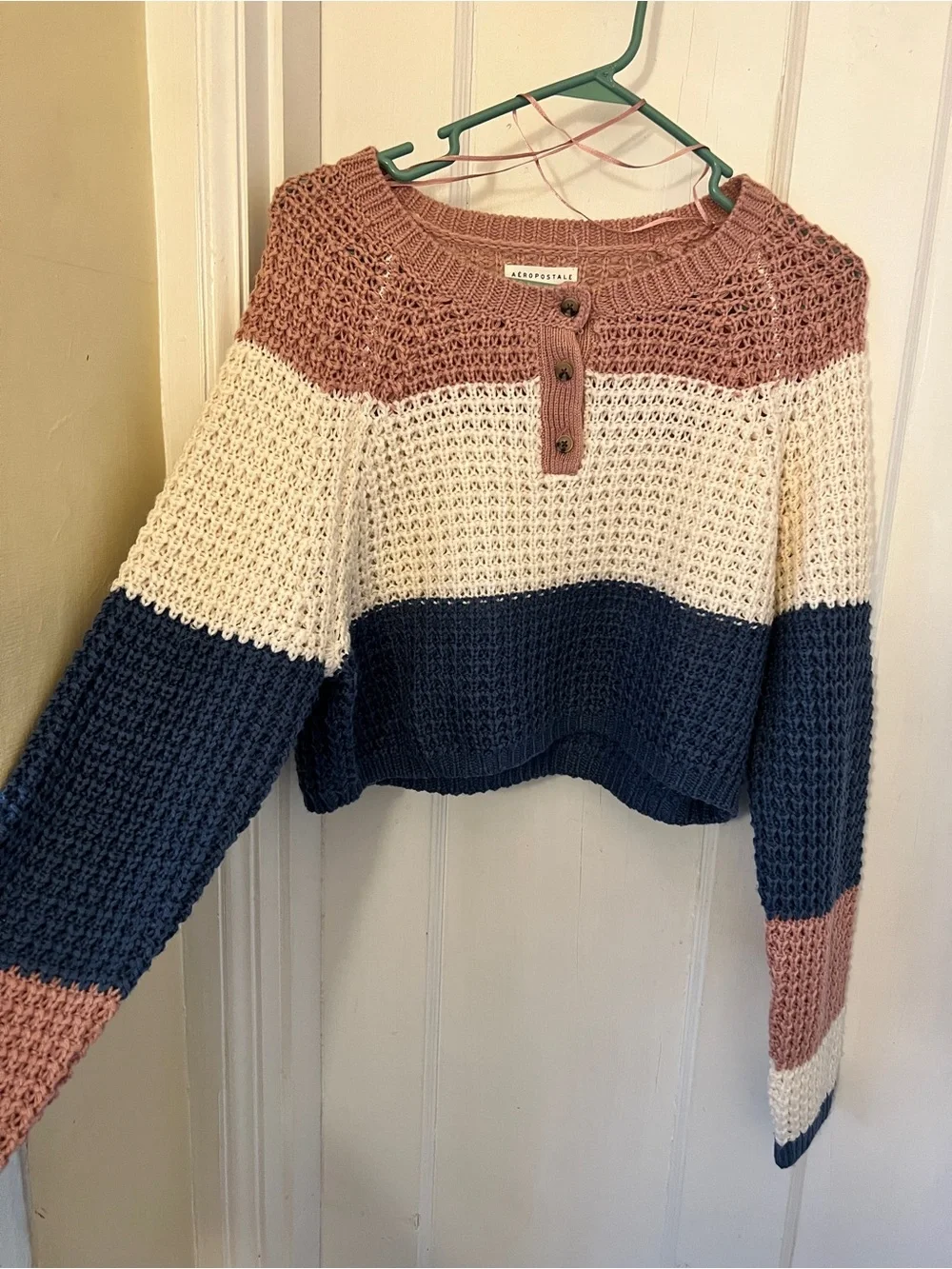 Aeropostale Cropped Colorblock Knit Sweater - Dusty Rose, Cream & Navy